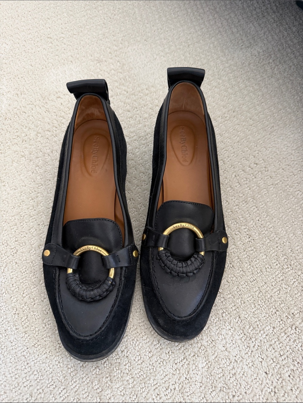 See By Chloe Black Leather & Suede Loafers with Gold Ring Detail
